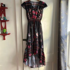 Peacock floral pattern black and pink hi-low dress
